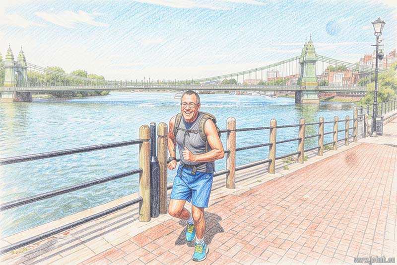 Cartoon of JHB running the Thames Path