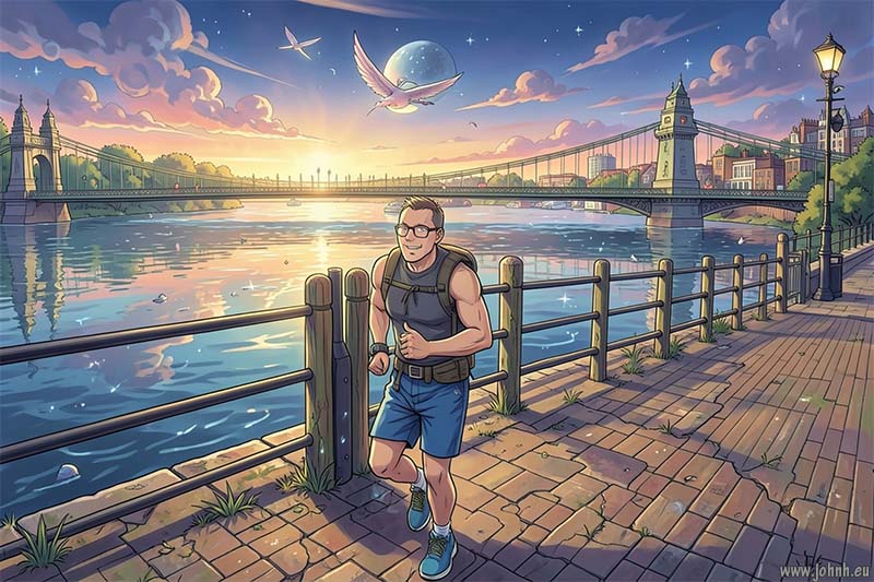 Cartoon of JHB running the Thames Path